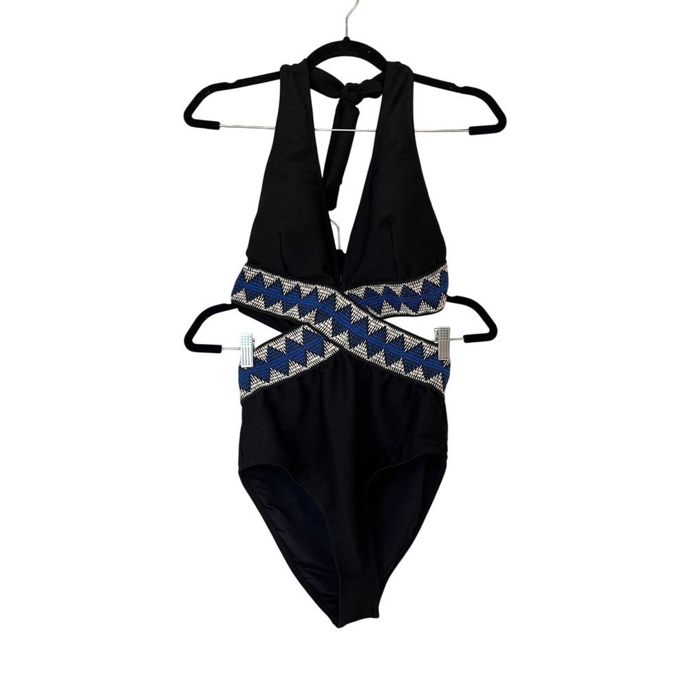 NWT CupShe Geo Stitching Deep V Cutout One Piece Swimsuit Black Sz M